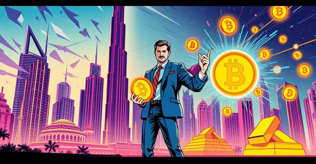 迪拜未来城市景观中,现实世界资产正在转化为数字代币,象征RWA代币化的创新过程