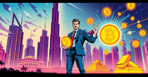 迪拜未来城市景观中，现实世界资产正在转化为数字代币，象征RWA代币化的创新过程
