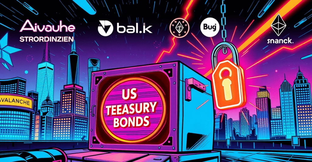 复古漫画风格插图展示VanEck的RWA代币化基金VBILL,象征区块链技术解锁美国国库券投资机会