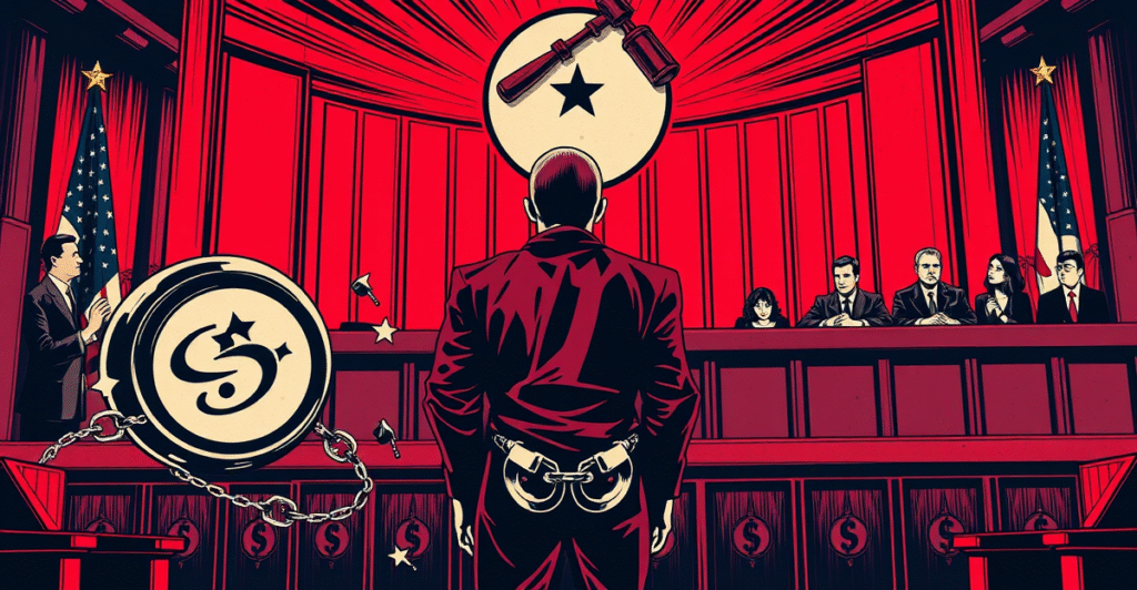 复古漫画风格插图展示SafeMoon前首席执行官在法庭上被定罪，背景是陪审团和美国国旗。