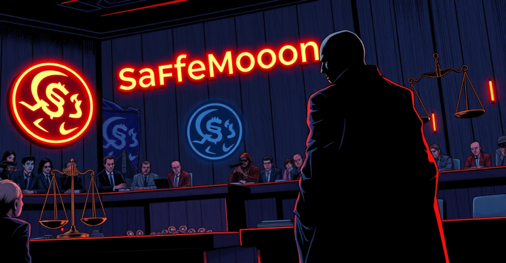 复古漫画风格插画，展示SafeMoon前CEO在法庭上坚称无罪，背景是破碎的SafeMoon标志和SFM代币。