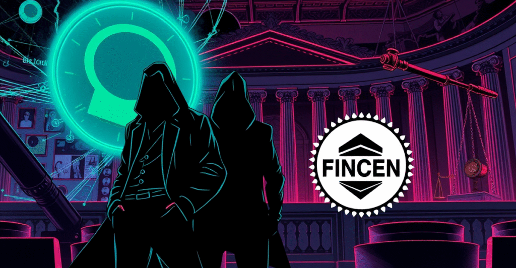 Samourai Wallet高管在法庭前站立,背景是加密货币交易和FinCEN标志的复古漫画风格插图