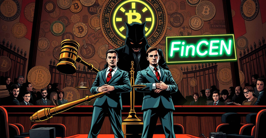 Samourai Wallet联合创始人站在巨大的正义天平和法槌前，背景是加密货币符号和FinCEN标志，象征法律争议