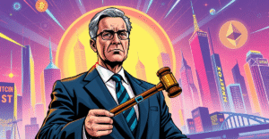 SEC主席Paul Atkins站在未来城市景观前，手持与区块链相连的法槌，象征加密货币监管的承诺。
