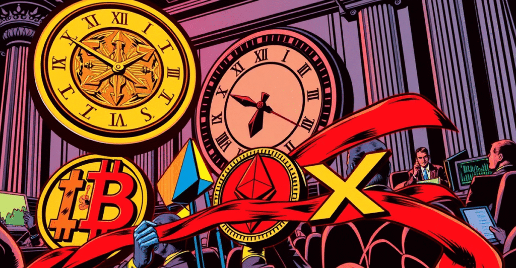 SEC总部前，象征加密货币ETF决定延迟的紧张场景，比特币、以太坊和XRP被官僚红胶带阻挡。