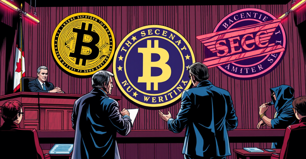 复古漫画风格的法庭场景，法官、辩护律师和检察官围绕比特币和SEC标志展开激烈辩论