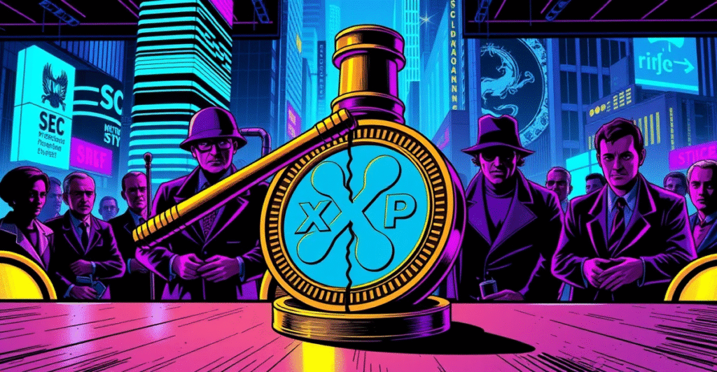 象征SEC与Ripple和解的复古漫画风格插图，法官的法槌将标有XRP的加密货币硬币一分为二，背景是霓虹灯下的城市景观。