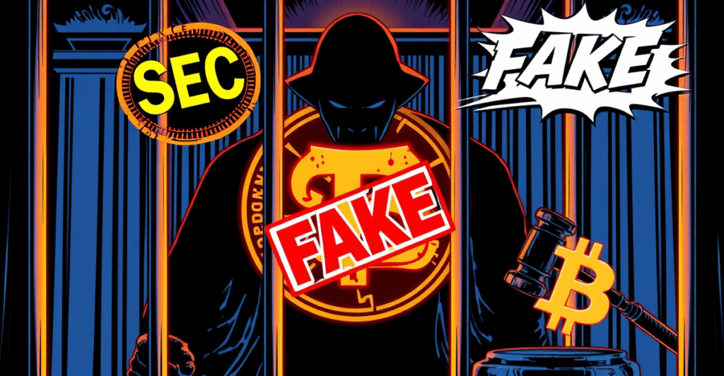 复古漫画风格插图展示Eric Council Jr.因在SEC X账户发布虚假比特币ETF批准公告被判监禁