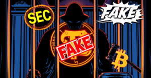 复古漫画风格插图展示Eric Council Jr.因在SEC X账户发布虚假比特币ETF批准公告被判监禁