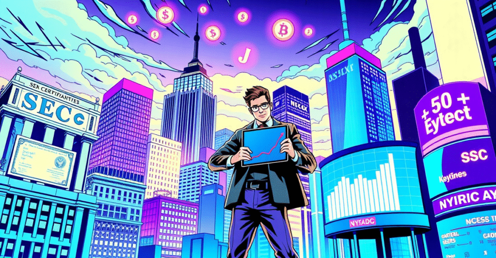 复古漫画风格插画展示证券代币化的未来，背景是数字化的金融城市景观