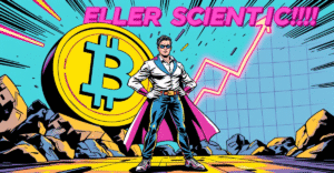 Semler Scientific站在巨大的比特币符号前，背景是上涨的市场趋势图，象征其大胆的比特币投资。