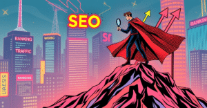 超级英雄站在数字景观上，手持标有'SEO'的放大镜，背景是搜索引擎符号，象征着SEO优化策略