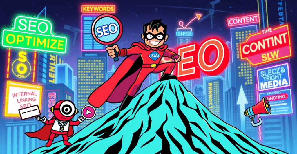 复古漫画风格的SEO优化策略封面,展示一名超级英雄站在搜索引擎排名山顶,手持标有SEO的放大镜。