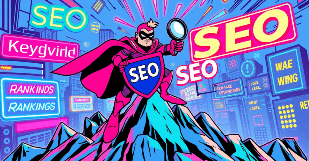 超级英雄站在搜索引擎排名山顶，手持SEO优化盾牌，背景是霓虹灯关键词城市景观