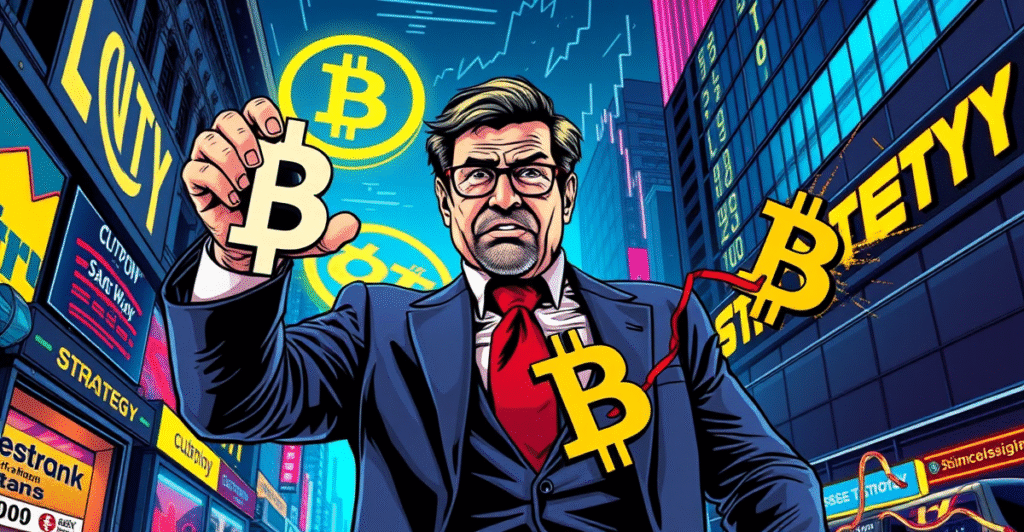 Jim Chanos展示做空Strategy股票购买比特币的新交易策略，背景是华尔街和比特币符号