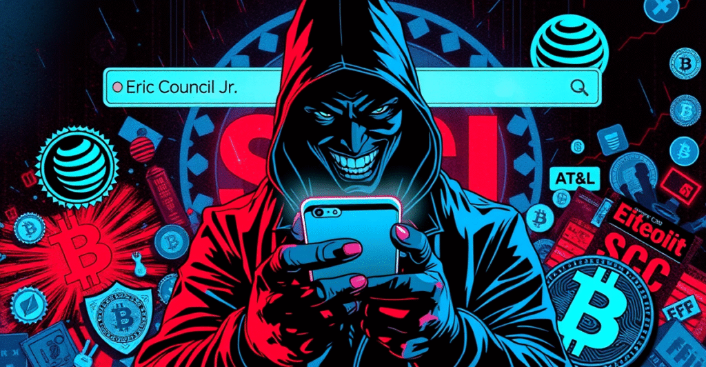 Eric Council Jr. 作为SIM交换黑客的象征性形象，背景是SEC和比特币市场的混乱场景