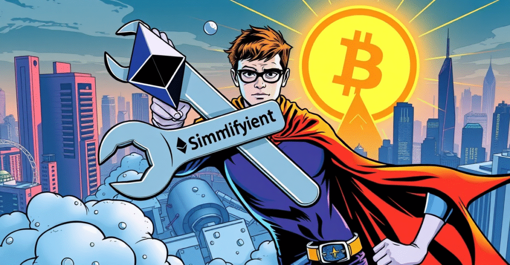 Vitalik Buterin象征性地简化Ethereum协议,背景是未来城市和比特币的极简设计