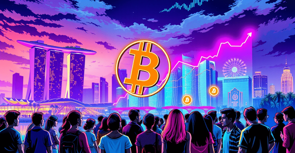 新加坡天际线与加密货币符号交织的复古漫画风格封面，象征新加坡加密货币认知度达历史新高