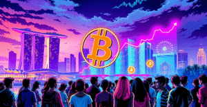 新加坡天际线与加密货币符号交织的复古漫画风格封面，象征新加坡加密货币认知度达历史新高
