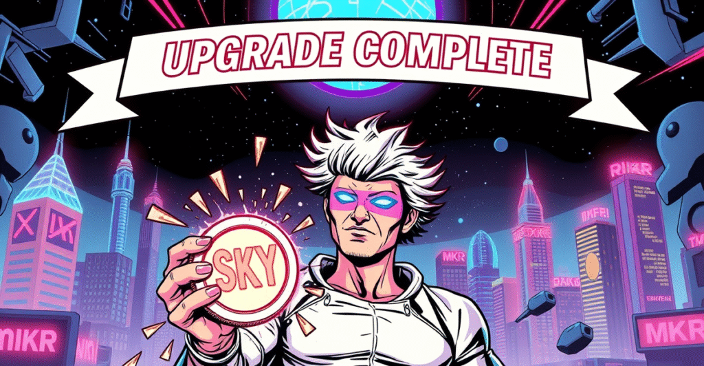 复古漫画风格封面展示Sky DeFi借贷平台的重大升级，SKY代币取代MKR，背景为未来城市景观