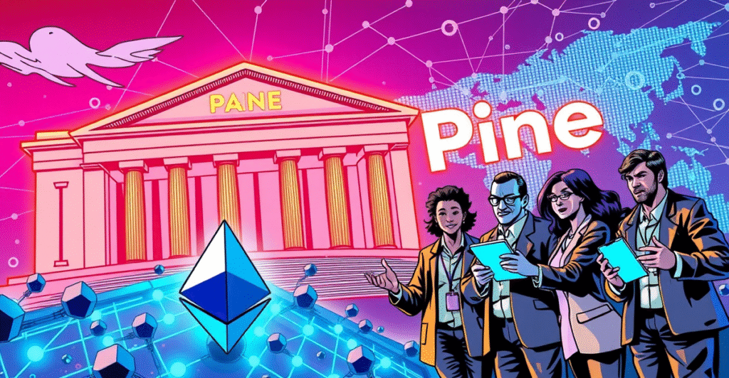 复古漫画风格封面展示智能合约与代币化技术在央行货币政策中的应用,背景为发光的未来银行建筑和以太坊区块链。