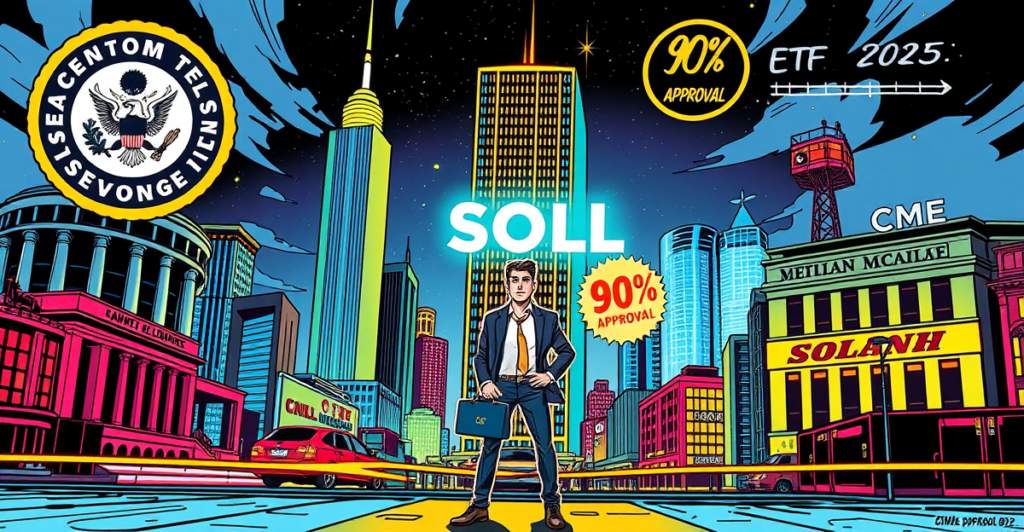 复古漫画风格插画展示Solana (SOL)标志在霓虹灯照亮的未来城市中，前景交易员手持标有'ETF'的公文包，旁边有90%批准印章