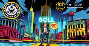 复古漫画风格插画展示Solana (SOL)标志在霓虹灯照亮的未来城市中，前景交易员手持标有'ETF'的公文包，旁边有90%批准印章