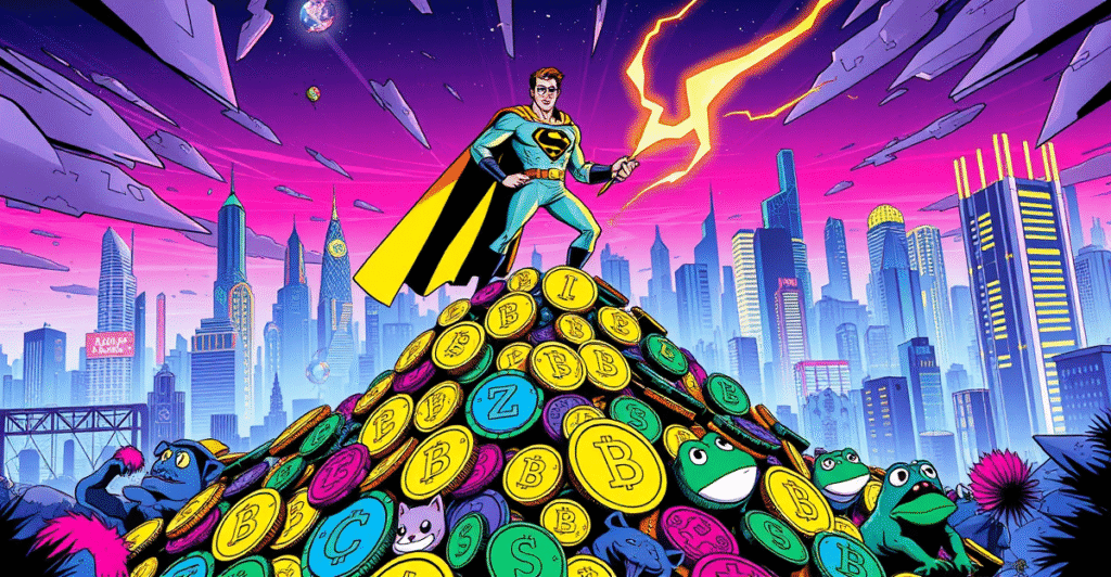 复古漫画风格封面展示Solana超级英雄站在迷因币堆上，背景是未来城市