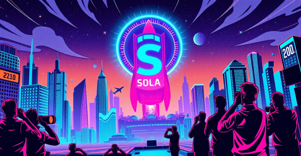 复古漫画风格插画展示Solana币符号在霓虹城市景观中，背景是上涨的市场趋势图和火箭指向210美元目标