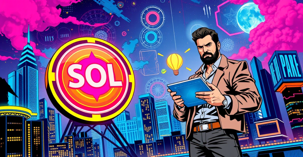 一名交易员站在发光的Solana币前，背景是未来城市和上涨的市场趋势图