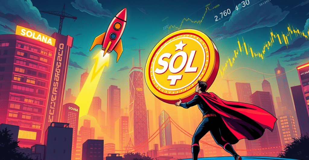 复古漫画风格插图展示Solana币如火箭般上升，背景是上涨的市场趋势图和斐波那契序列