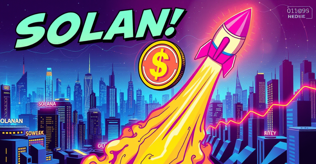 复古漫画风格插画展示Solana币价格飙升，背景为未来城市和上升趋势图