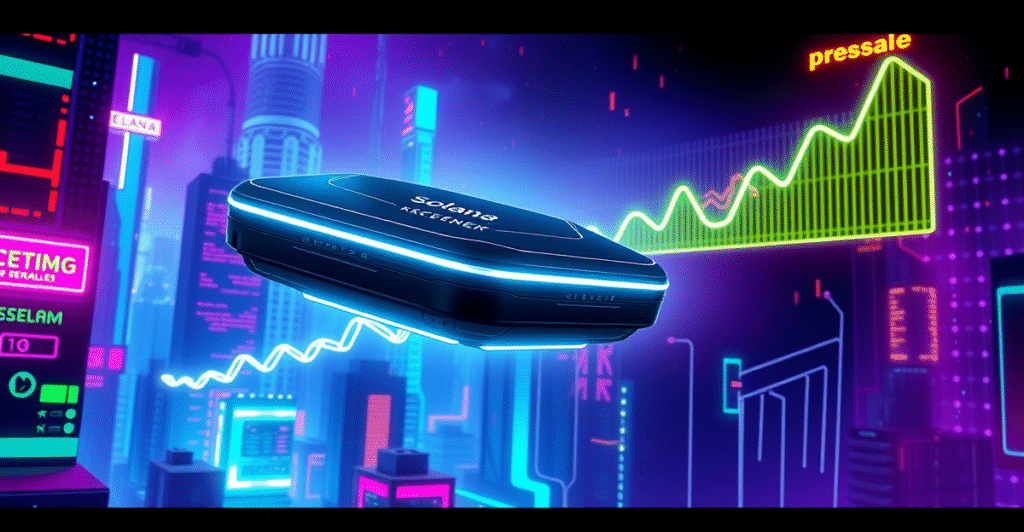 Solana Seeker设备在赛博朋克城市景观中漂浮，周围环绕着象征区块链技术的数字链条。