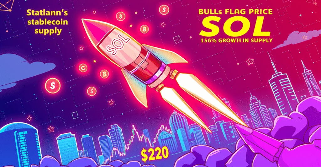 复古漫画风格插图展示SOL火箭穿越数字天空，象征Solana价格飙升和稳定币增长