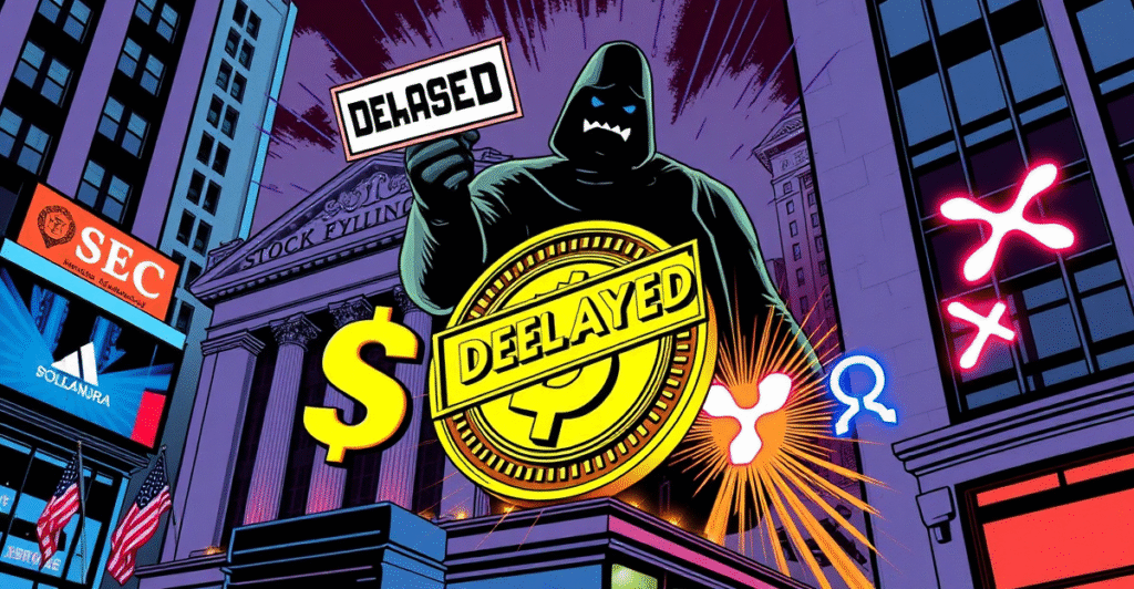 复古漫画风格封面展示Solana硬币在纽约证券交易所前，SEC阴影人物手持'延迟'印章，背景有Polkadot和XRP符号