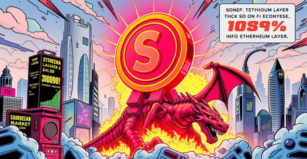 Solana SOL coin战胜以太坊Layer 2巨龙，背景是繁荣的DeFi城市景观，象征TVL的显著增长