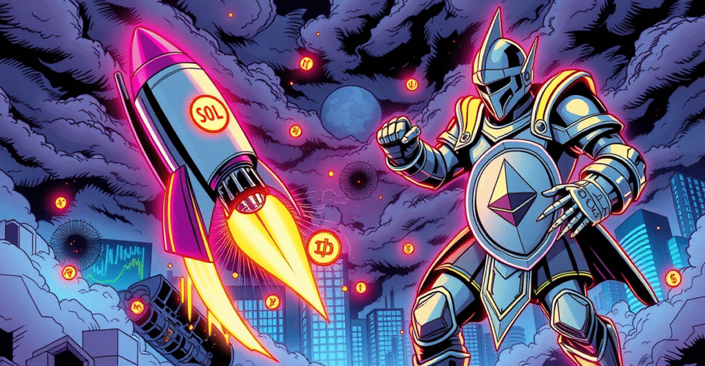 复古漫画风格插画展示Solana与以太坊在区块链领域的激烈竞争