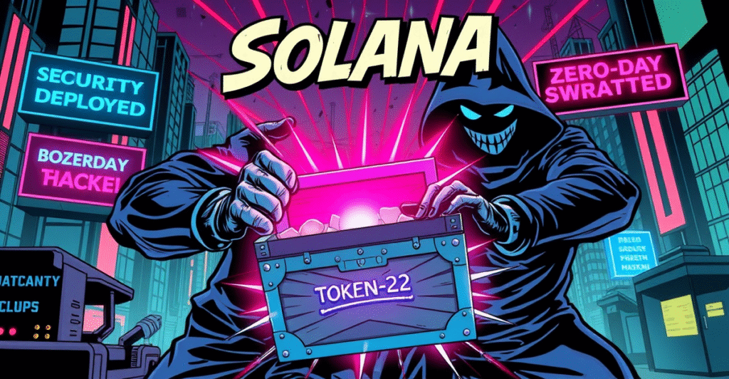 Solana标志保护Token-22代币免受黑客攻击的复古漫画风格插图