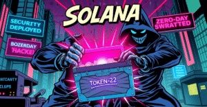 Solana标志保护Token-22代币免受黑客攻击的复古漫画风格插图