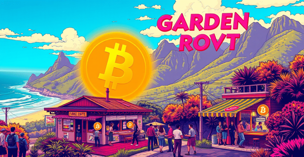 南非花园大道的复古漫画风格封面，展示比特币在风景如画的地区被广泛采用的情景