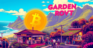 南非花园大道的复古漫画风格封面，展示比特币在风景如画的地区被广泛采用的情景