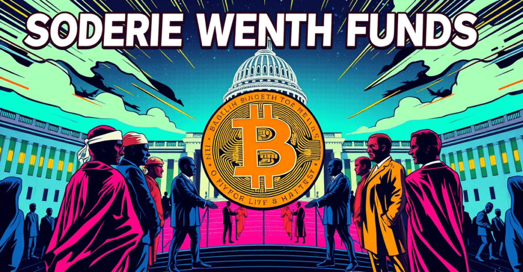 主权财富基金象征性投资比特币，背景为美国国会大厦，象征立法关键作用