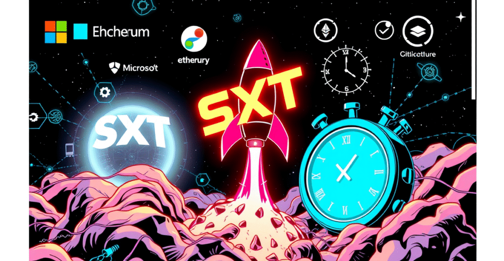 Space and Time区块链的复古漫画风格封面，展示了一个由ZK证明技术驱动的数字宇宙，背景包含微软和谷歌的标志。