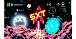 Space and Time区块链的复古漫画风格封面，展示了一个由ZK证明技术驱动的数字宇宙，背景包含微软和谷歌的标志。