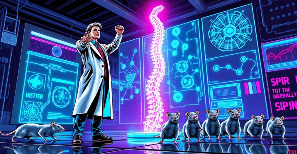 一名科学家站在发光的未来脊髓模型前，背景是高技术实验室，展示脊髓修复技术的重大突破。