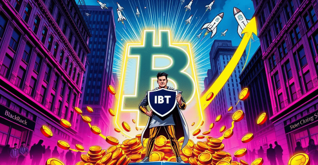 复古漫画风格封面展示BlackRock现货比特币ETF资金流入激增，背景为华尔街和上升的比特币符号