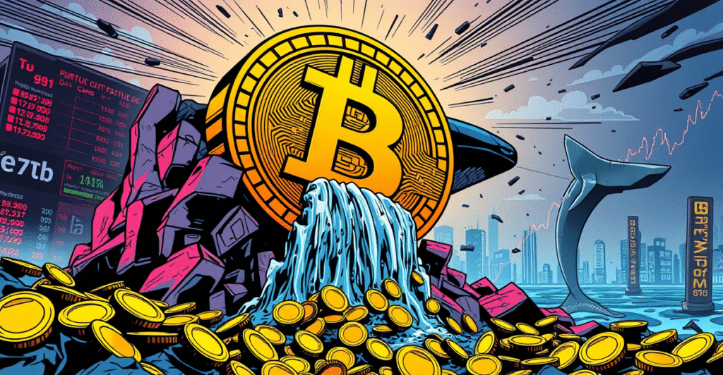 复古漫画风格插图展示比特币符号在压力下破裂，象征现货比特币ETF流入量暴跌90%，背景中的鲸鱼影子代表市场鲸鱼行为。