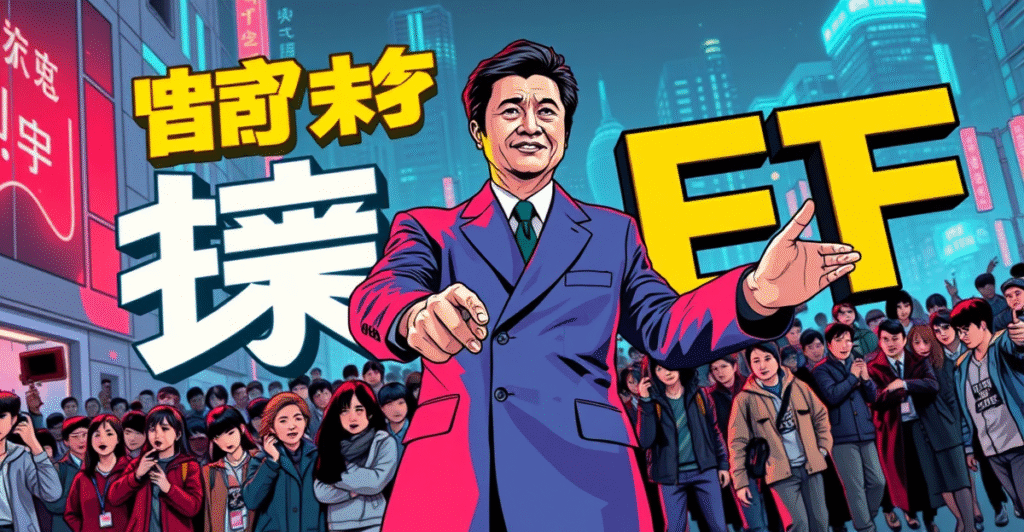 韩国总统候选人李在明站在巨大的现货加密货币ETF标志前，背景是充满活力的年轻投资者和未来城市景观