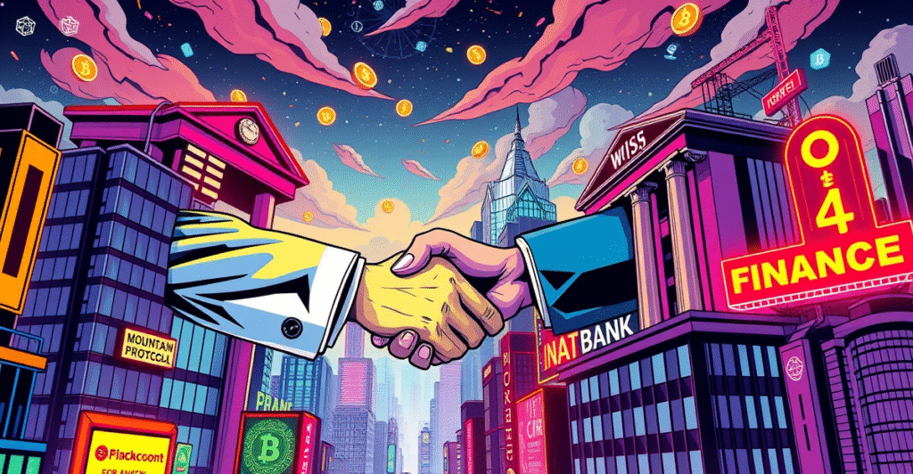 复古漫画风格插画展示Anchorage Digital收购Mountain Protocol，象征加密与传统金融的融合