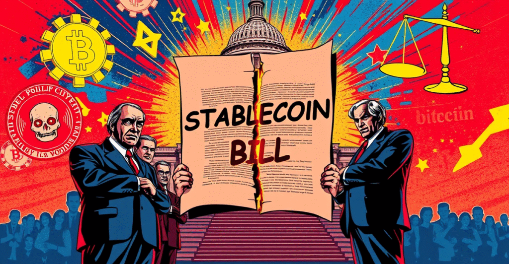 美国参议院民主党人反对当前形式的稳定币法案，复古漫画风格插图